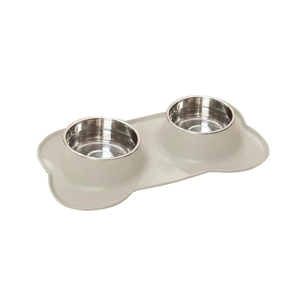 Set de repas double beige, deux bols inox sur socle antidérapant
