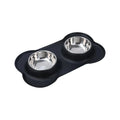 Set de repas double noir, deux bols inox sur socle antidérapant