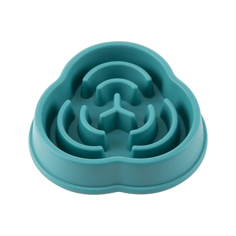 Gamelle anti-glouton bleu canard vue de face, motif labyrinthe qui ralentit la prise alimentaire