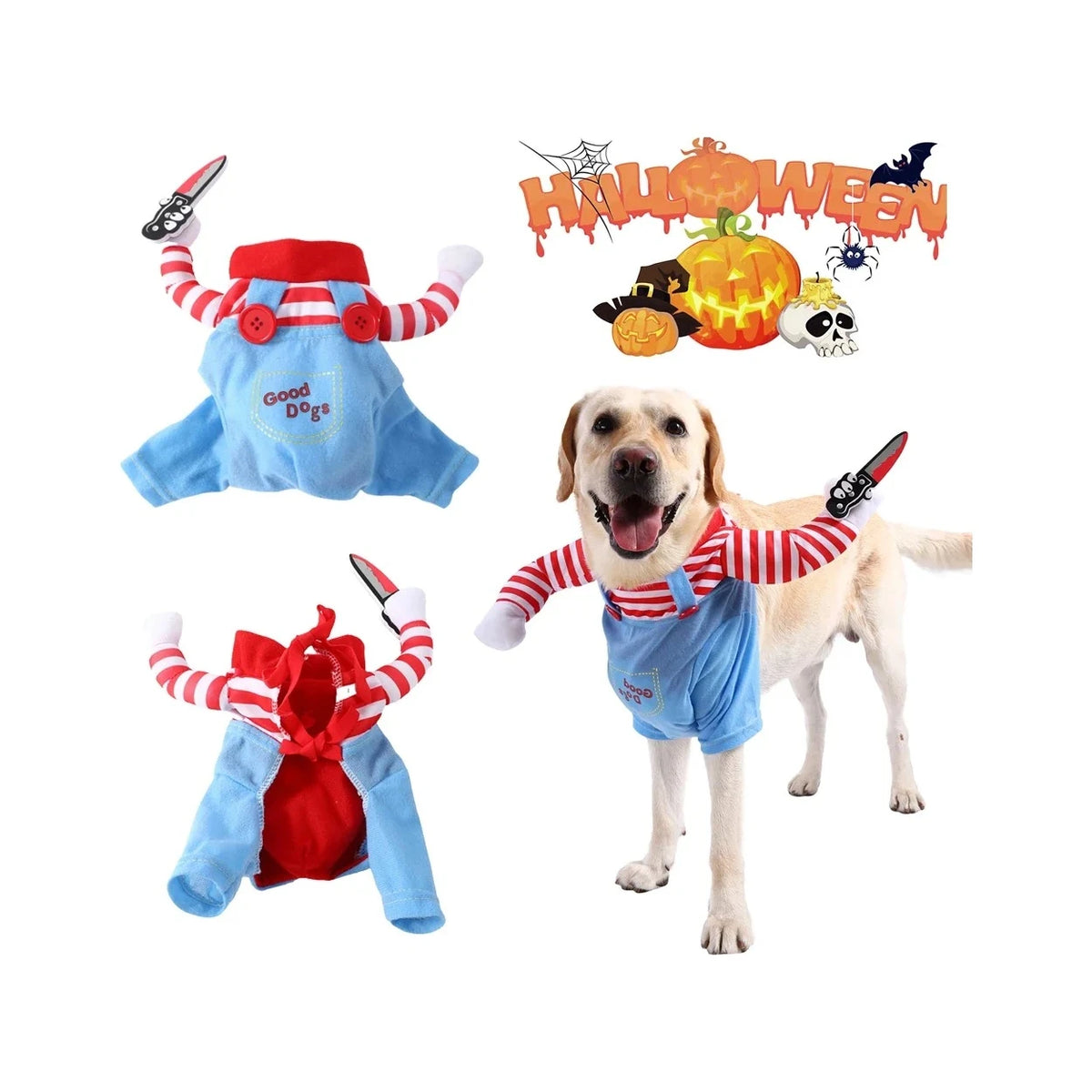 Chien portant le déguisement d'Halloween Araneis, salopette bleue et faux bras