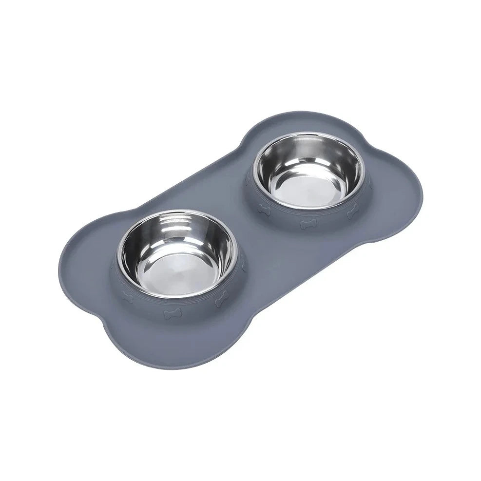Set de repas double gris, deux bols inox sur socle antidérapant