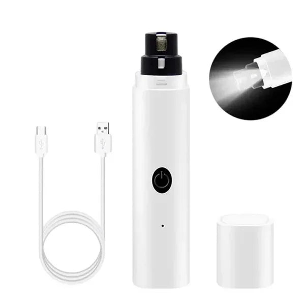 Contenu de la boîte : la lime, son capuchon et le câble de recharge USB, avec un aperçu de la lumière LED