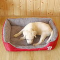 Labrador endormi dans le panier matelassé rouge à bord surélevé
