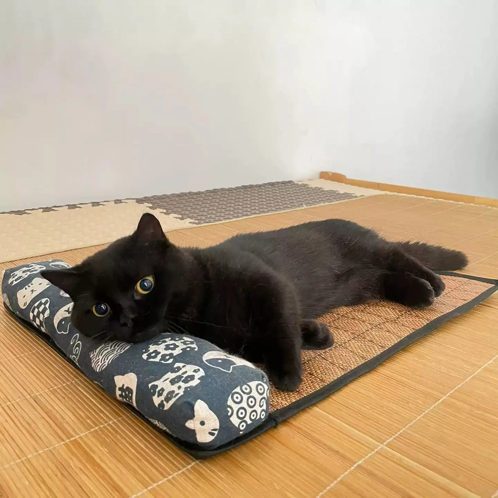 Chat noir installé sur le tapis en rotin tissé Araneis