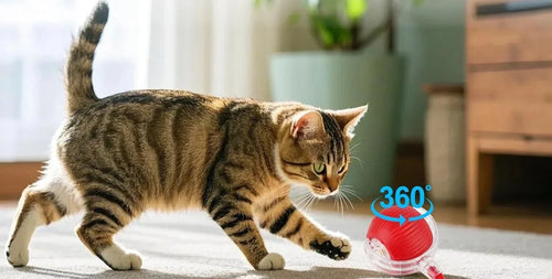 Chat tigré qui marche vers la balle roulante rouge posée sur un tapis clair