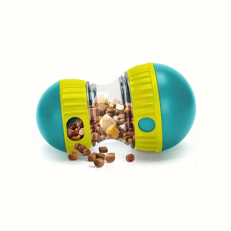 Jouet distributeur de friandises bleu et jaune, croquettes visibles dans le compartiment