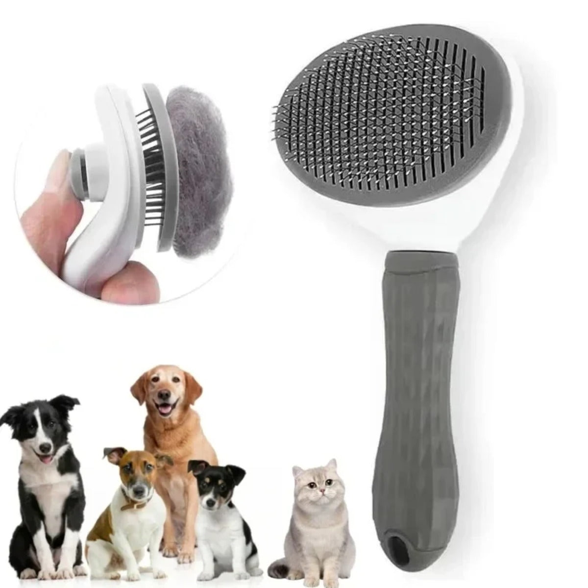 Brosse autonettoyante grise Araneis avec picots rétractables, chiens et chat