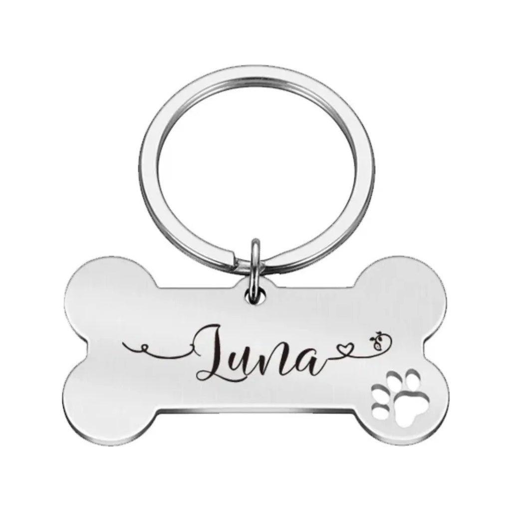 Médaille gravée personnalisée en acier inoxydable, finition argent, forme os