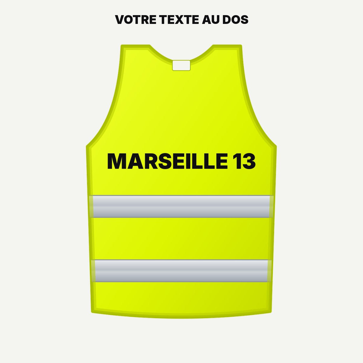 Gilet jaune personnalisé, exemple de flocage au dos : MARSEILLE 13