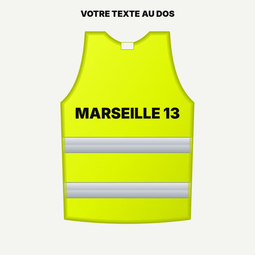 Gilet jaune personnalisé, exemple de flocage au dos : MARSEILLE 13