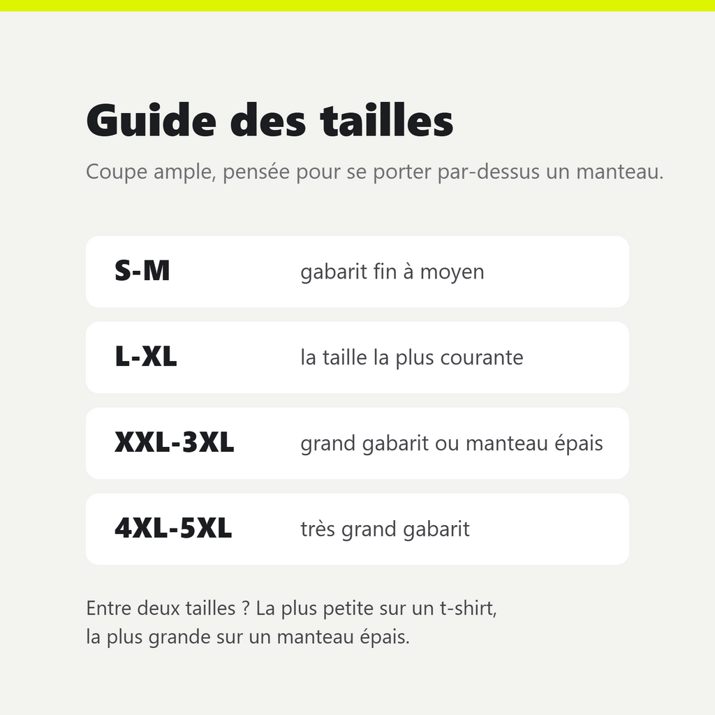 Guide des tailles du gilet jaune : S-M, L-XL, XXL-3XL, 4XL-5XL