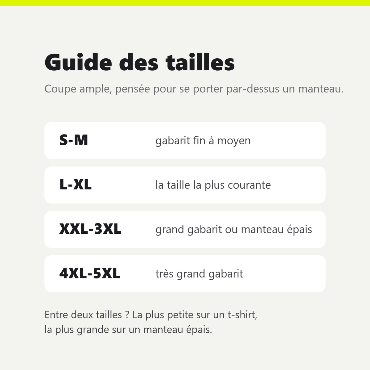 Guide des tailles du gilet jaune : S-M, L-XL, XXL-3XL, 4XL-5XL